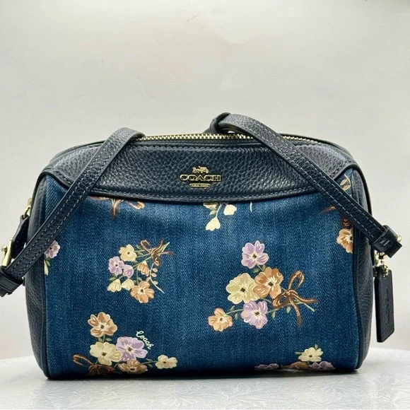 Coach Bennett Crossbody With Painted Floral Box Print Blue Denim and Leather
